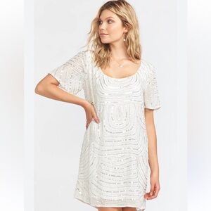 Show Me Your MuMu White Iridescent Sequin Flutter Sleeve Shift Mini Dress
